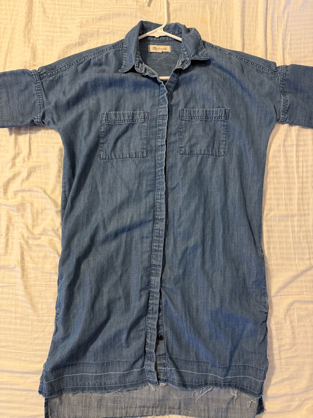 Madewell denim shirt dress in medium blue. Wear as Cover up or with fall boots!